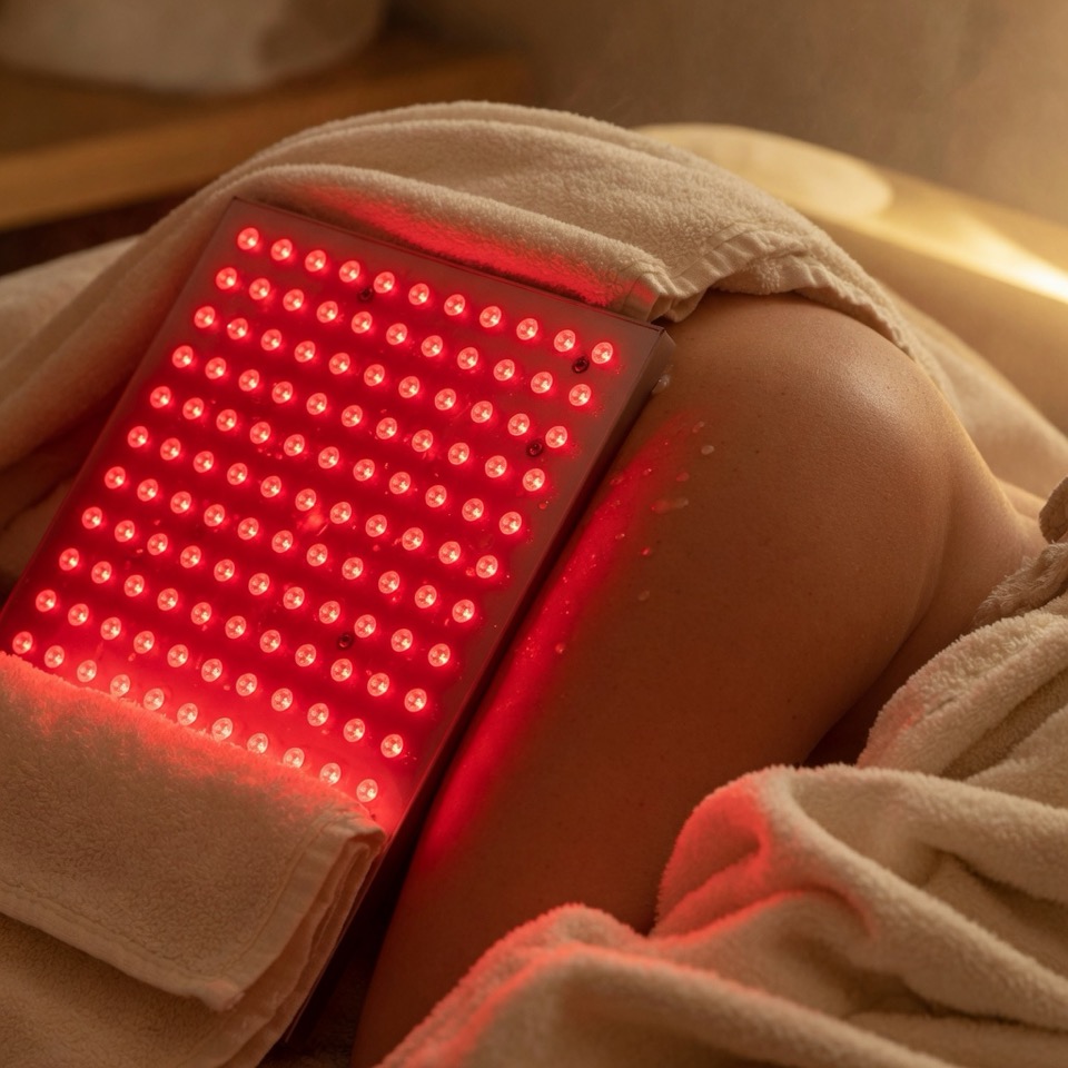 A red light therapy panel during a session.